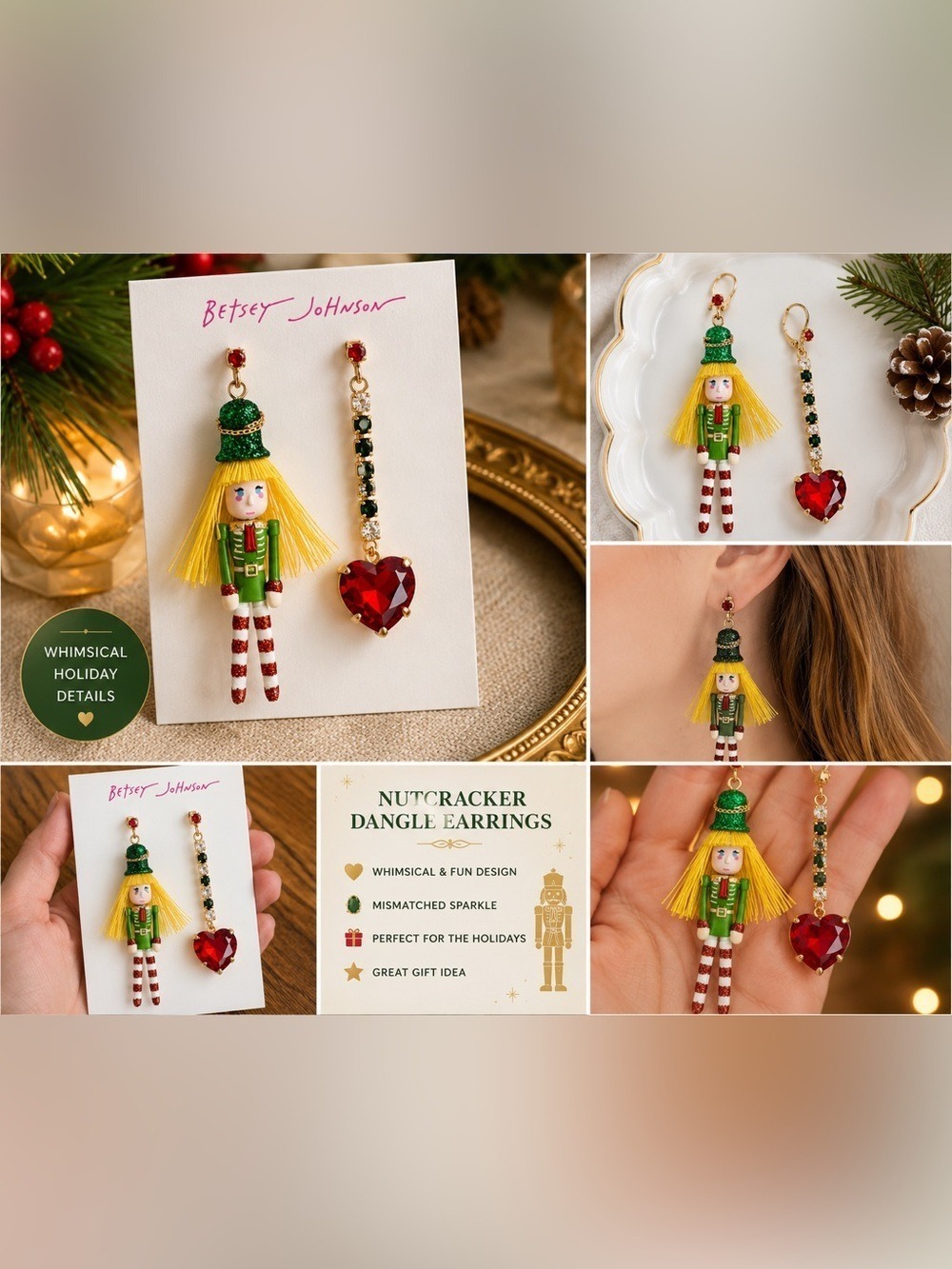 Betsey Johnson Nutcracker Mismatched Holiday Earrings NWT Christmas Red Heart